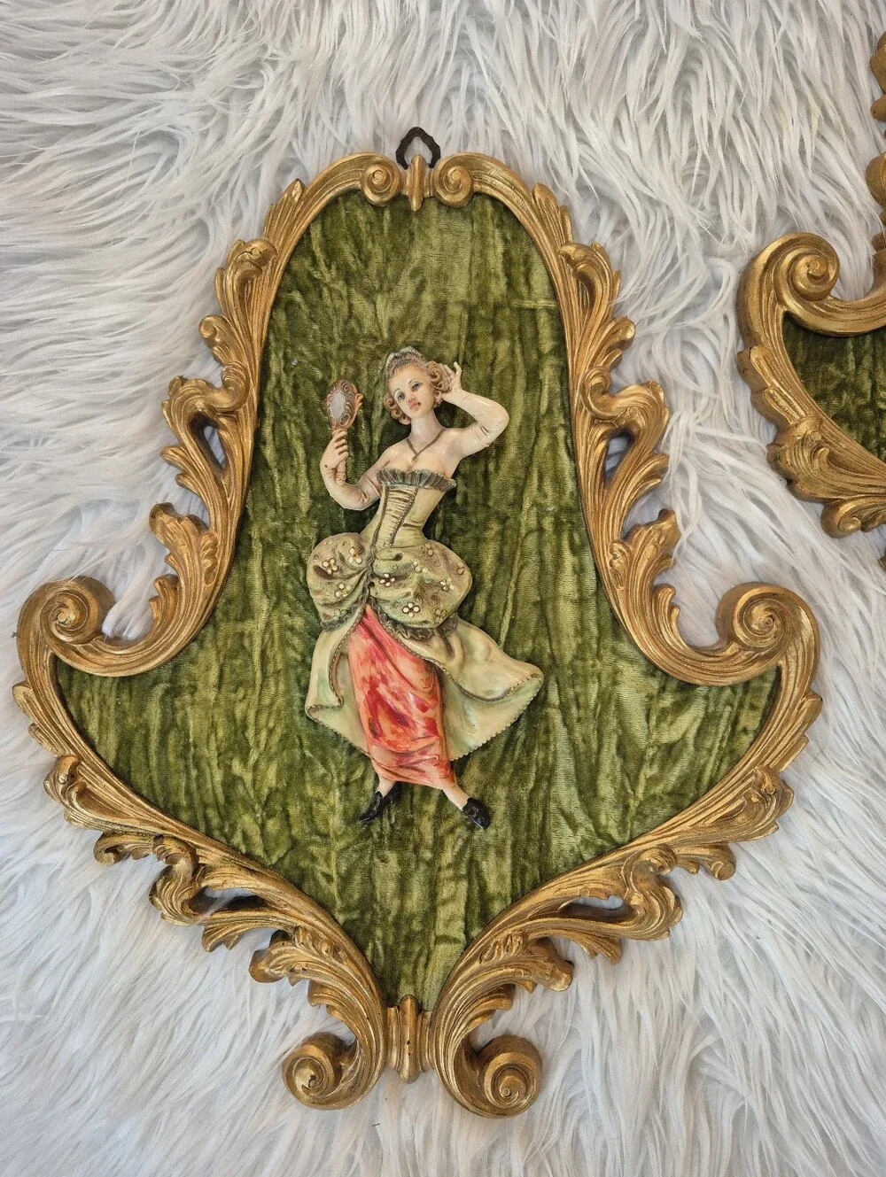 Vintage-Style Green Velvet and Gold Wall Plaques (Pair)